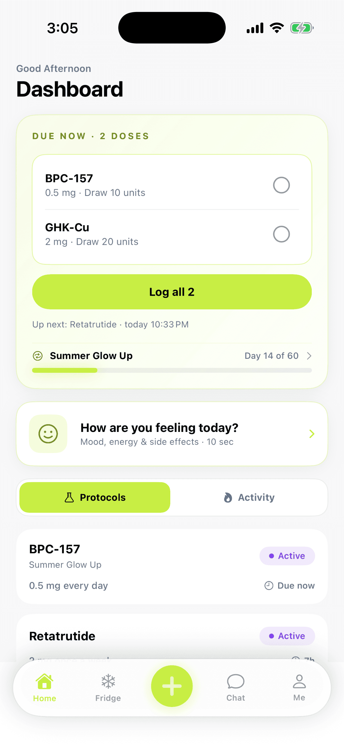 Dosely peptide tracker dashboard showing scheduled entries, daily check-in, and active protocols